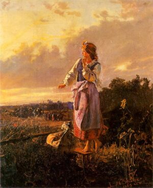 Dziewczyna w ogrodzie, obraz Jozefa Chelmonskiego, 1869
